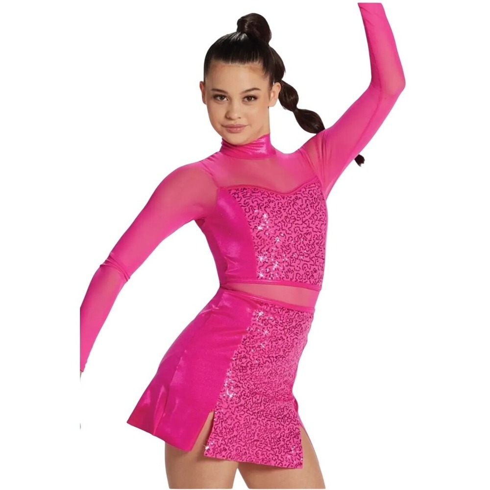 Balera Kids Pink Sequin Long Sleeve Dance Costume Leotard Dress‎ Size L RN64830